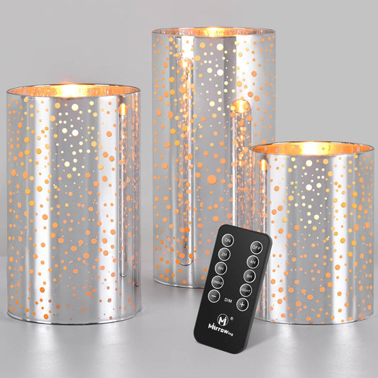 M Mirrowing Flameless Candles with Remote and Timer, Battery Operated Flickering LED Candles, Real Wax, AA Batteries Included, Silver Christmas Candles for Aniversary, Holidays, Birthday, Wedding