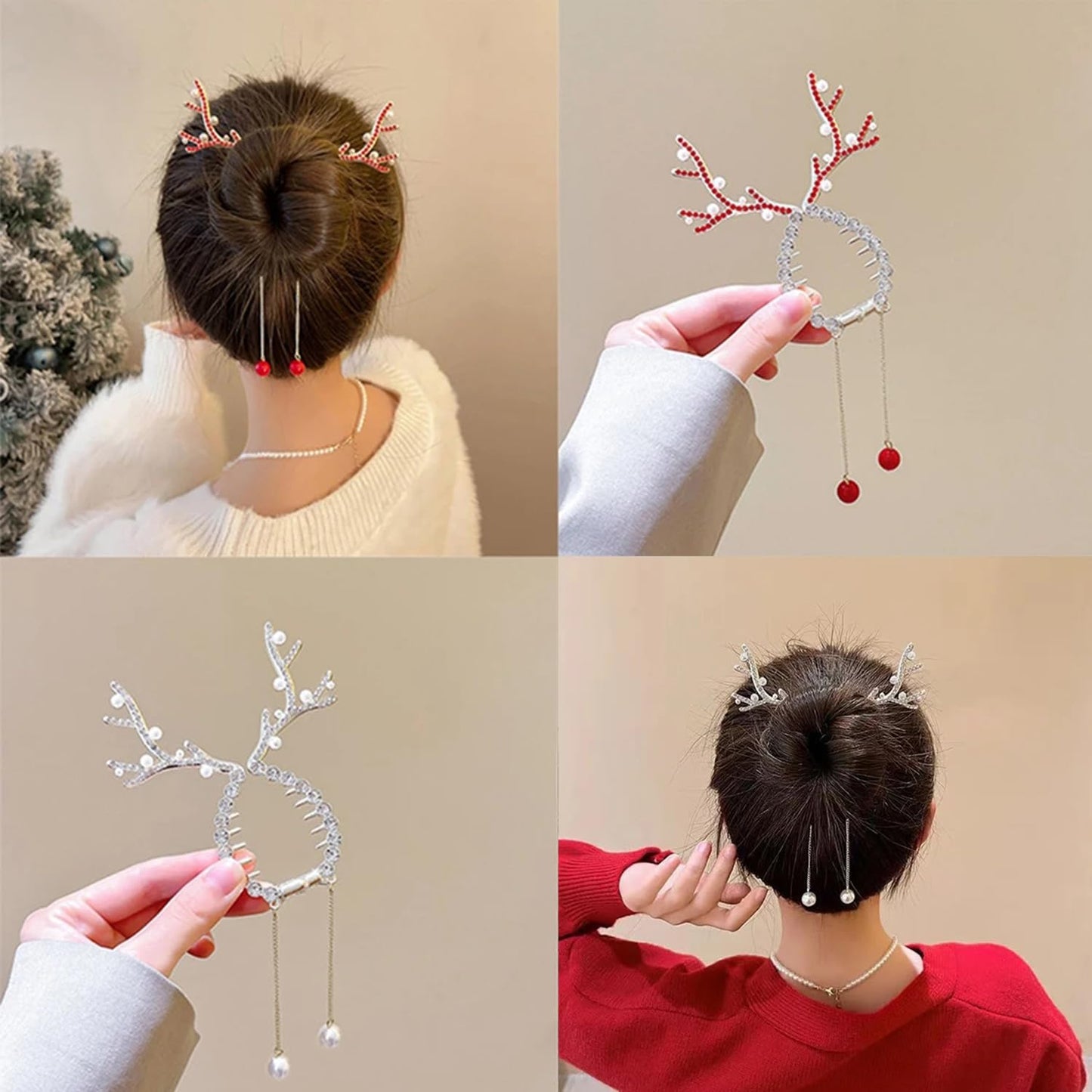 2Pcs Christmas Hair Clips Winter Reindeer Ponytail Bun Holder Metal Elk Hair Claw Clip for Ponytail Hairstyle Christmas Hair Accessories with Rhinestone Pearl Design Reindeer Claw Clips for Women Kids