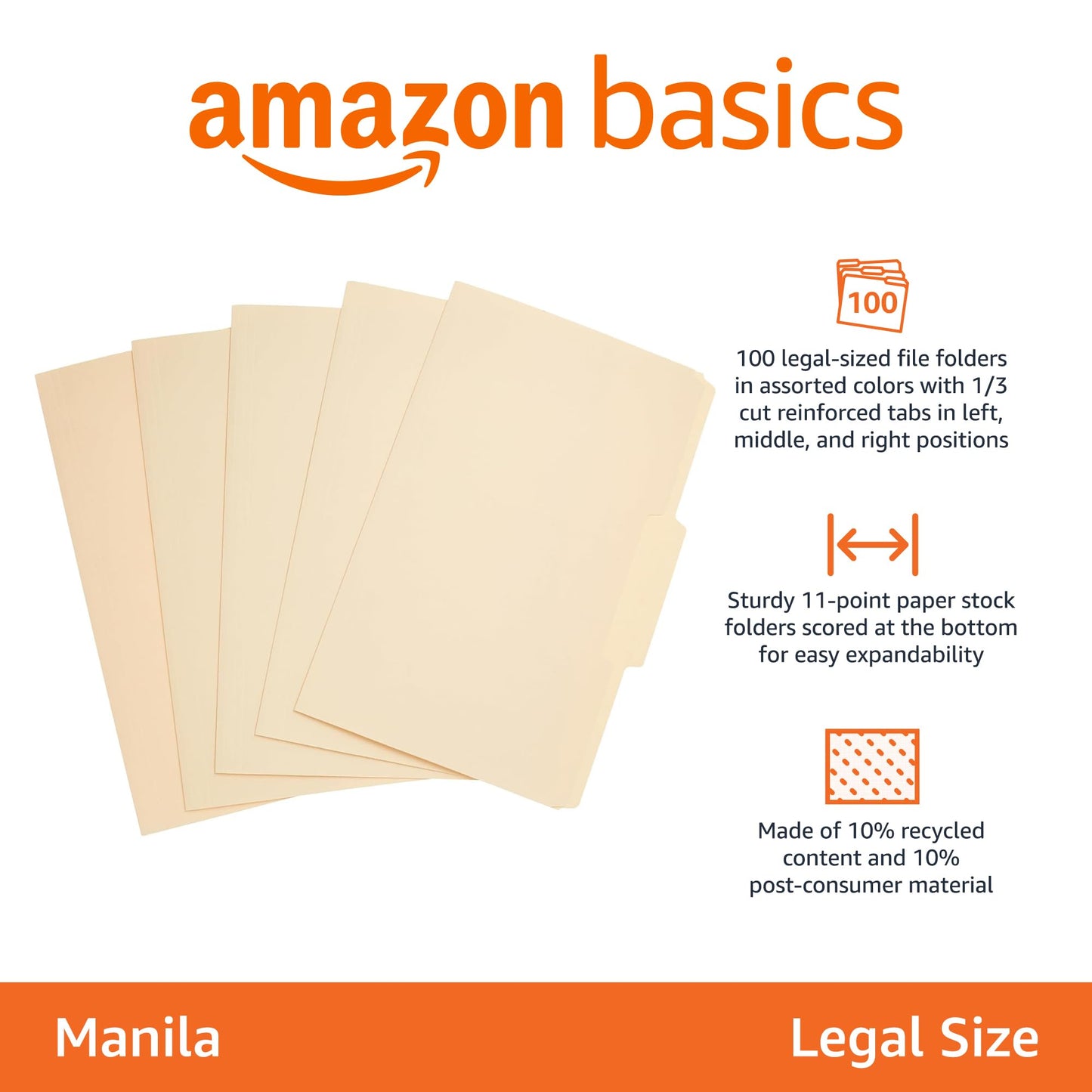 Amazon Basics File Folders, 1/3 Tabs in Assorted Positions, 8.5 x 14 Inch, Legal Size, Manila - Pack of 100