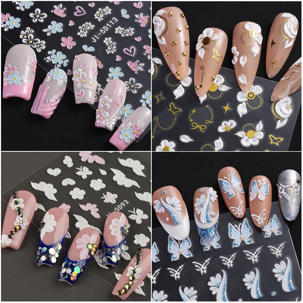 Fcozpjk Acrylic Flowers for Nails 4 Sheets 5D Embossed Floral Nail Decals Colorful Flowers Nail Stickers, Gold Strip Lines Swirls French Tip Nail Stickers, Daisy Butterfly Stickers Pegatinas Uñas