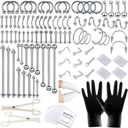 84PCS Body Septum Piercing Kit 14G 16G Tools for Nose Tongue Lip Ear Eyebrow Belly Button Cartilage Tragus Industrial Barbell Helix Daith Piercing Jewelry Clamps