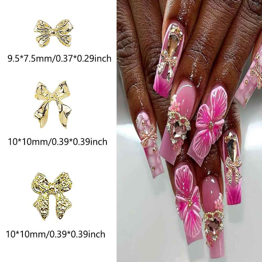 KACHIMOO 120 PCS Bow Nail Charms Silver Gold Black Rose Gold Bowknot Nail Art Charm 3D Alloy Bow Charms for Nail Art Design