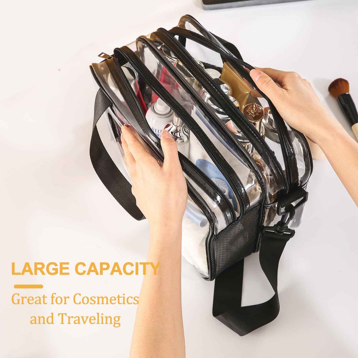 Officentra Clear Toiletry Bag for Women with Zipper–Clear Makeup Bag with Shoulder Strap & Handheld Handles – Stadium Bags for Women with Wet/Dry Compartments for Concerts, Travel, Work & Sports