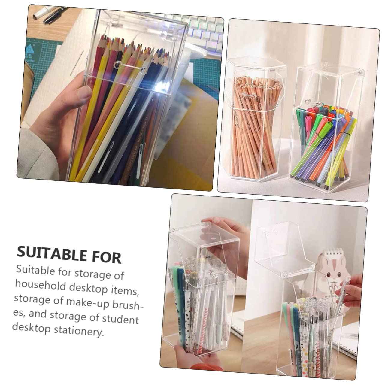 2Pcs Acrylic Makeup Brush Holder with Lid, Clear Makeup Holder, Cosmetic Organizer Cosmetic Storage Display Box for Dressing Tables and Vanity, 3.34 x 3.34 x 8.25inch