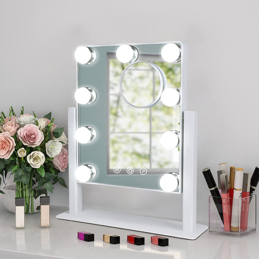 Depuley Makeup Vanity Mirror with Lights, 10X Magnification Hollywood Lighted Mirror with 9 Dimmer Led Bulbs, Plug in Light-up Beauty Mirror, Touch Screen Lighted Table Set Mirror, 360°Rotation(White)