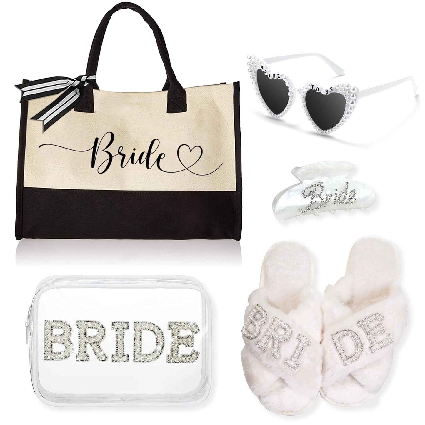 Ldmfcpa 5Pcs Bridal Shower Gifts Set with Bride Bag Cosmetic Bag Sunglasses Slippers Hair Clip, Suitable for Bridal Shower, Weddings, Bachelorette Gifts for Bride, Bride Gift Set