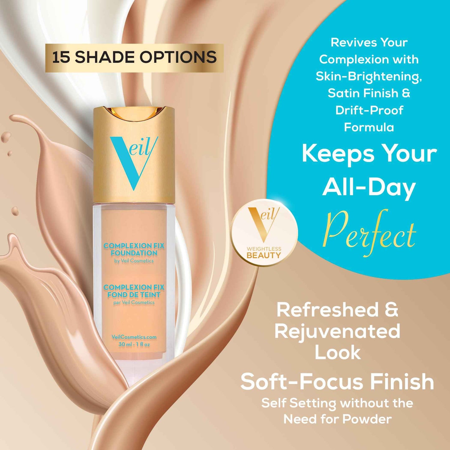 Veil Cosmetics Complexion Fix Liquid Foundation – Buildable Coverage – Water-Resistant, Hypoallergenic, Oil-Free, Cruelty-Free & Vegan – Lightweight & Brightening – Long Lasting (3N Medium Neutral)