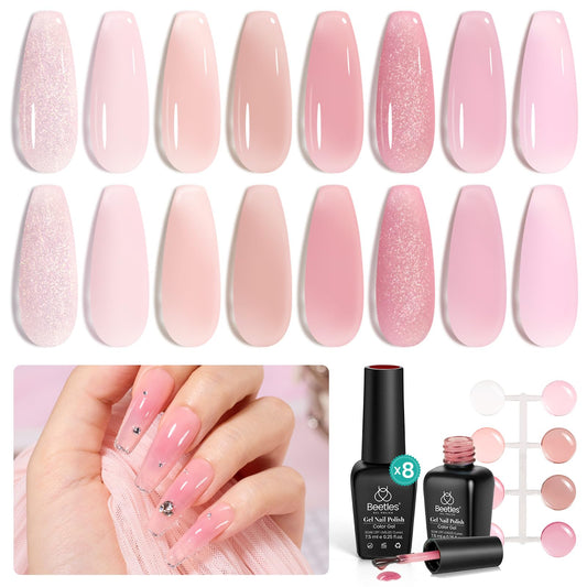 Beetles Jelly Gel Nail Polish Set, 8 Colors Nude Sheer Pink Shimmer Gel Polish, Soft Whisper Classic Neutral Nude Transparent Gel, Soak off Uv Led Lamp Needed Manicure Gifts for Women