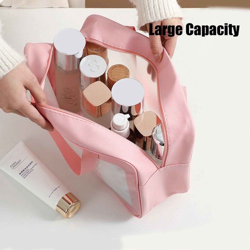 BIRDDIE Clear Travel Bags for Toiletries,3 Pack Toiletry Bag,Matte Translucent Toiletry Bag,Makeup Bag With Handy Handle,Travel Pouch,Makeup Cosmetic Organizer for Travel Essentials(Pink)