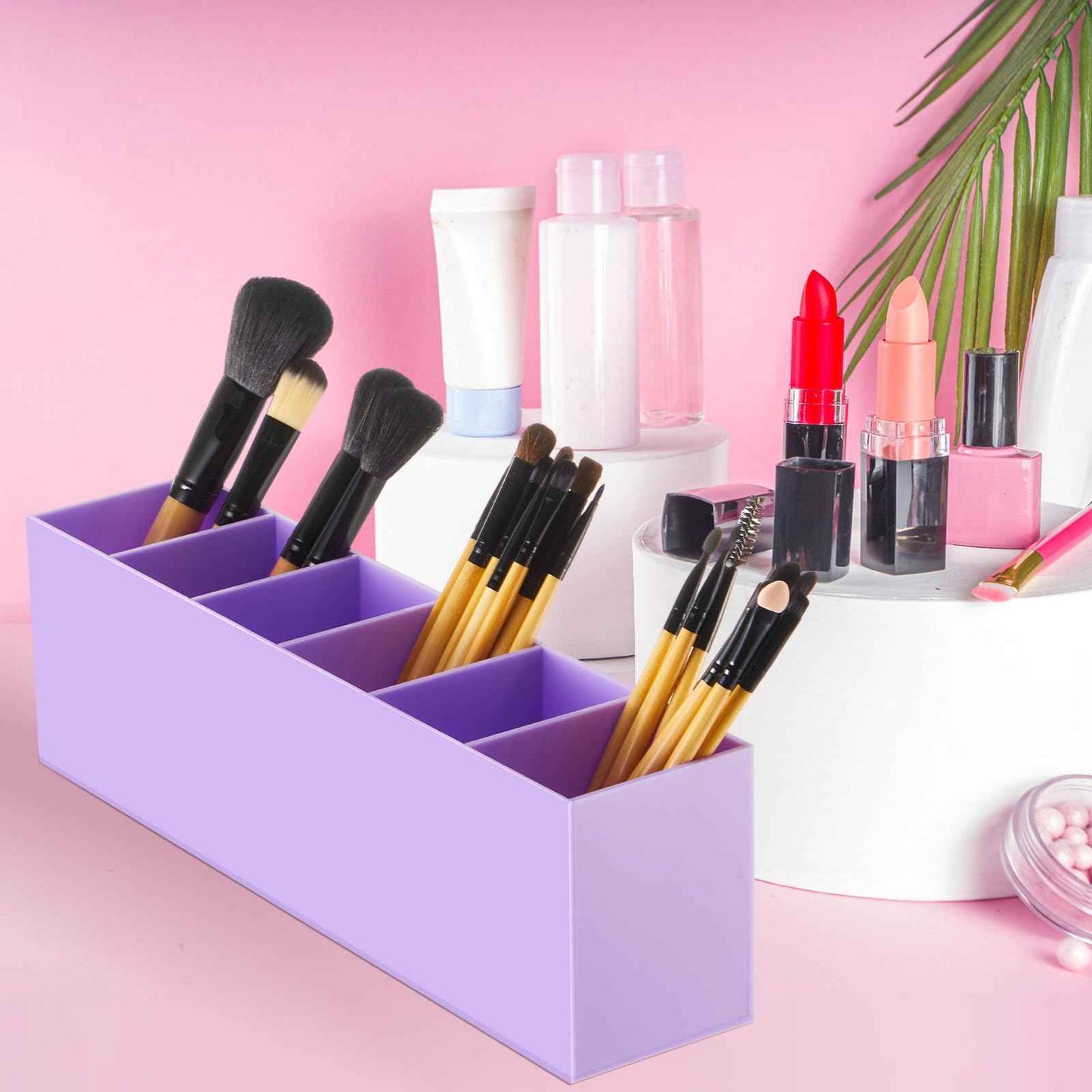 Jetec Acrylic Pen Holder 6 Compartments Makeup Brush Stationery Organizer Pencil Holder for Desk Accessories, Cosmetic Brushes, Dorm, Home, Bathroom, Kitchen, Office Supplies(Purple)