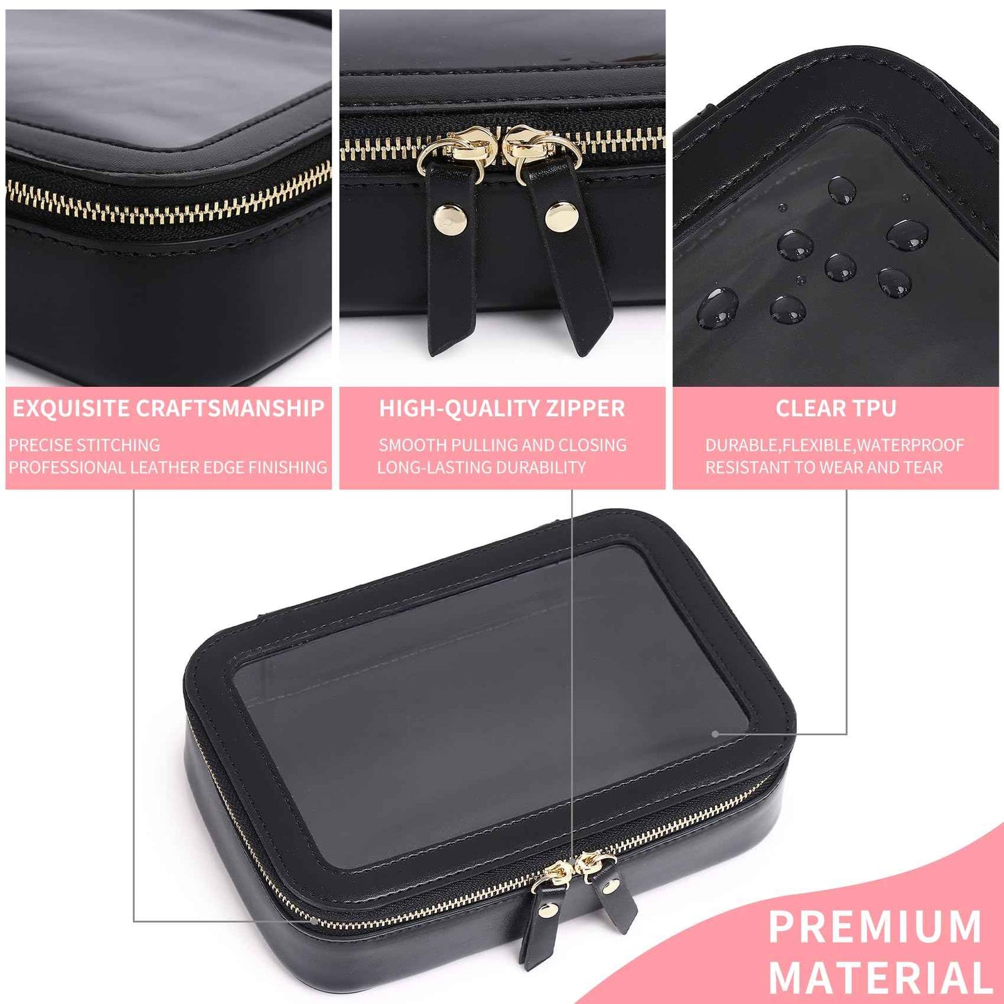 Pinkmik Clear Makeup Bag Transparent Travel Case for Cosmetics and Toiletries Women's Clear Car Bag with Zipper (Black, Small)