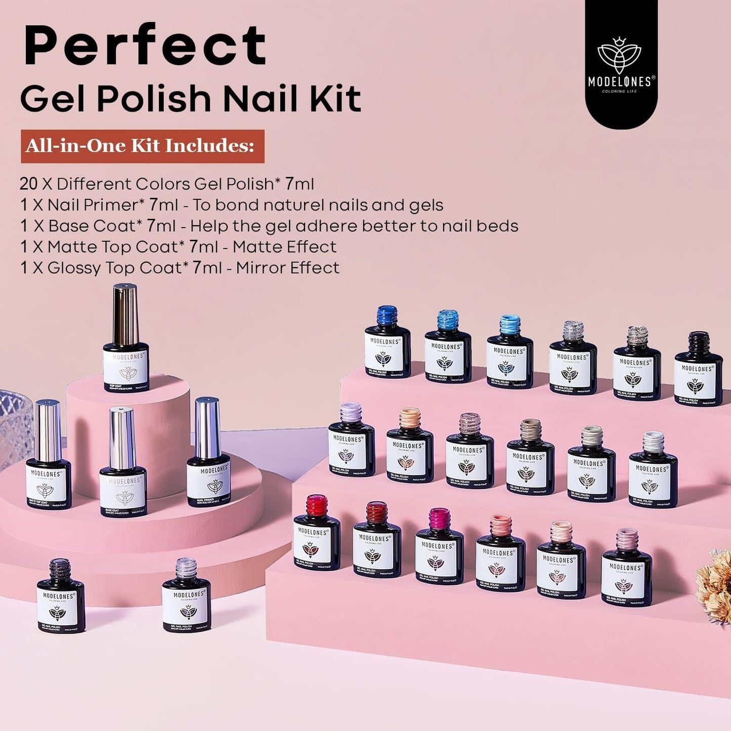 Modelones 24 Pcs Gel Polish Nail Kit, 20 Colors 7ml Nude Pink Neutral Navy Blue Glitter Nail Polish Set with Prep Bond Primer Glossy & Matte Top Coat Base Coat Nail Art Manicure DIY Salon