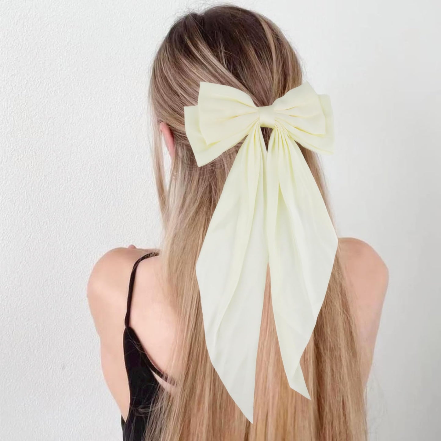 JOYRUBY Black Hair Bow Beige Bow for Hair Clip, 2PCS Silky Satin Hair Bows for Women, Long Tail Big Bows for Girls, Large White Bow Hair Accessories