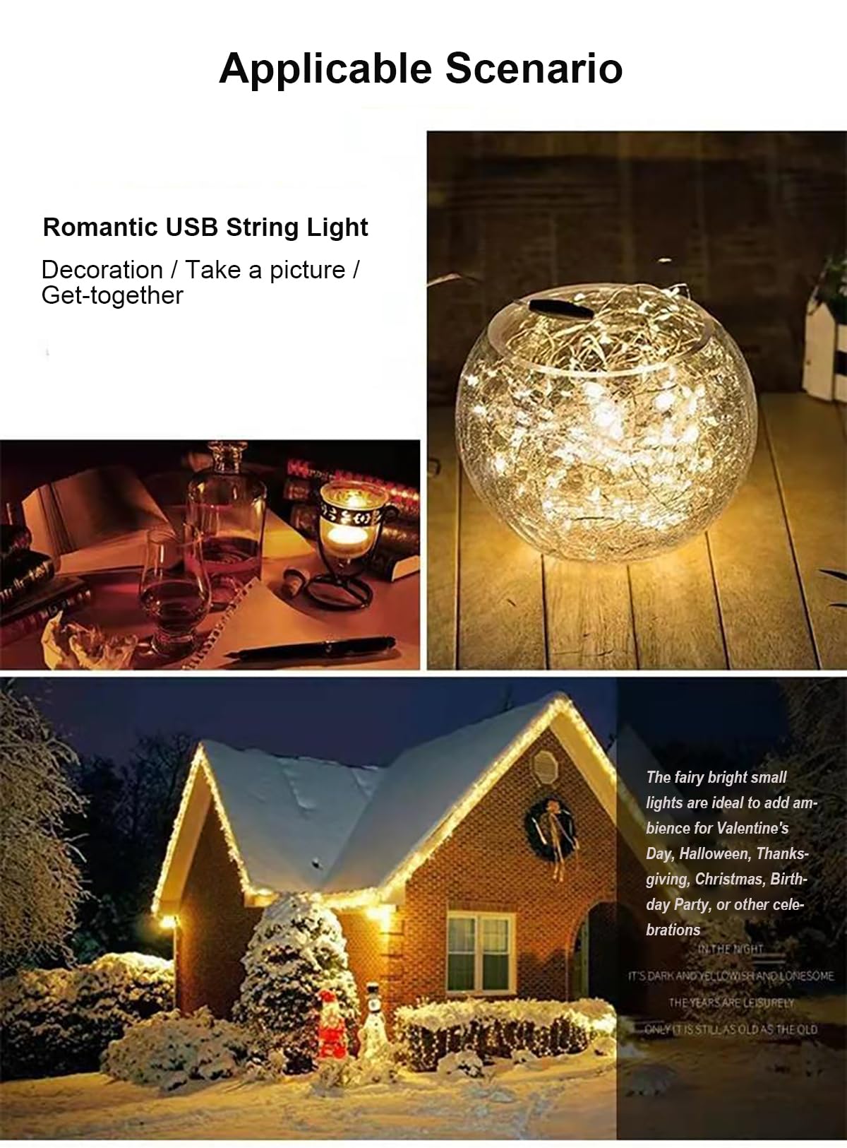 Sokelinn-six 2m 20 LEDs Fairy String Lights, USB Powered String Light for Desk Office Christmas Tree Party Decoration (Warm, 5)