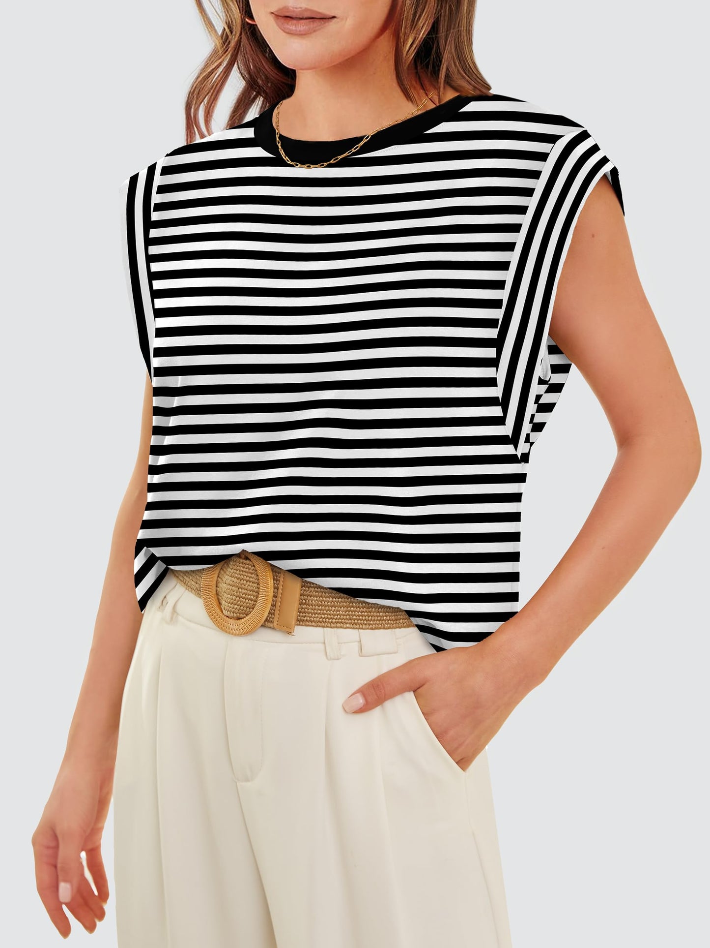 Summer Tops for Women 2024 Trendy Fashion Dressy Casual Crew Neck Cap Sleeve Cute Shirts Work Outfits Tank Tops Black and White Striped S