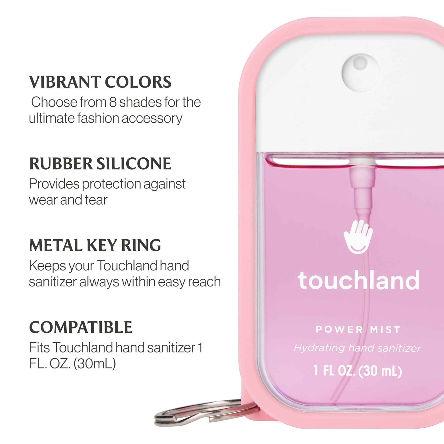 Touchland Hand Sanitizer Mist Case Trio Set (White, Pink, Black), Protective and Stylish Hand Sanitizer Spray Accessories, Silicone Cases with Keyring (Set of 3)