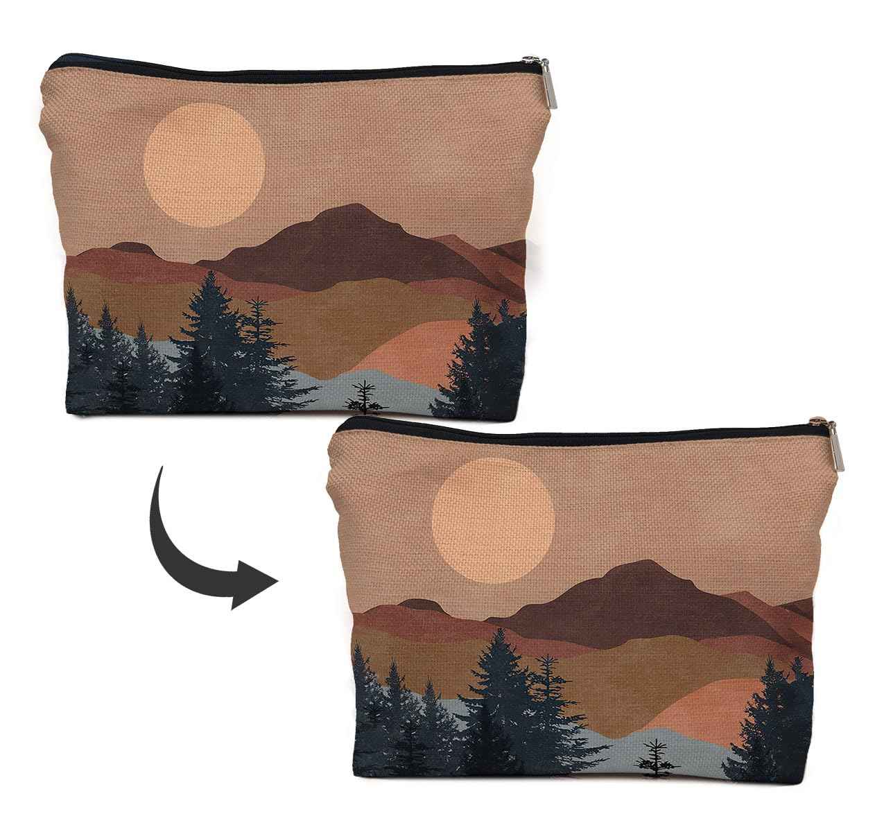 IWXYI Boho Mountain Sun forest Cosmetic Bag,Neutral Boho Mid-Century Sun Women's Makeup Make Up Bag Zipper Pouch Travel Toiletry Gifts For Women Teenage Girls Boho Lover