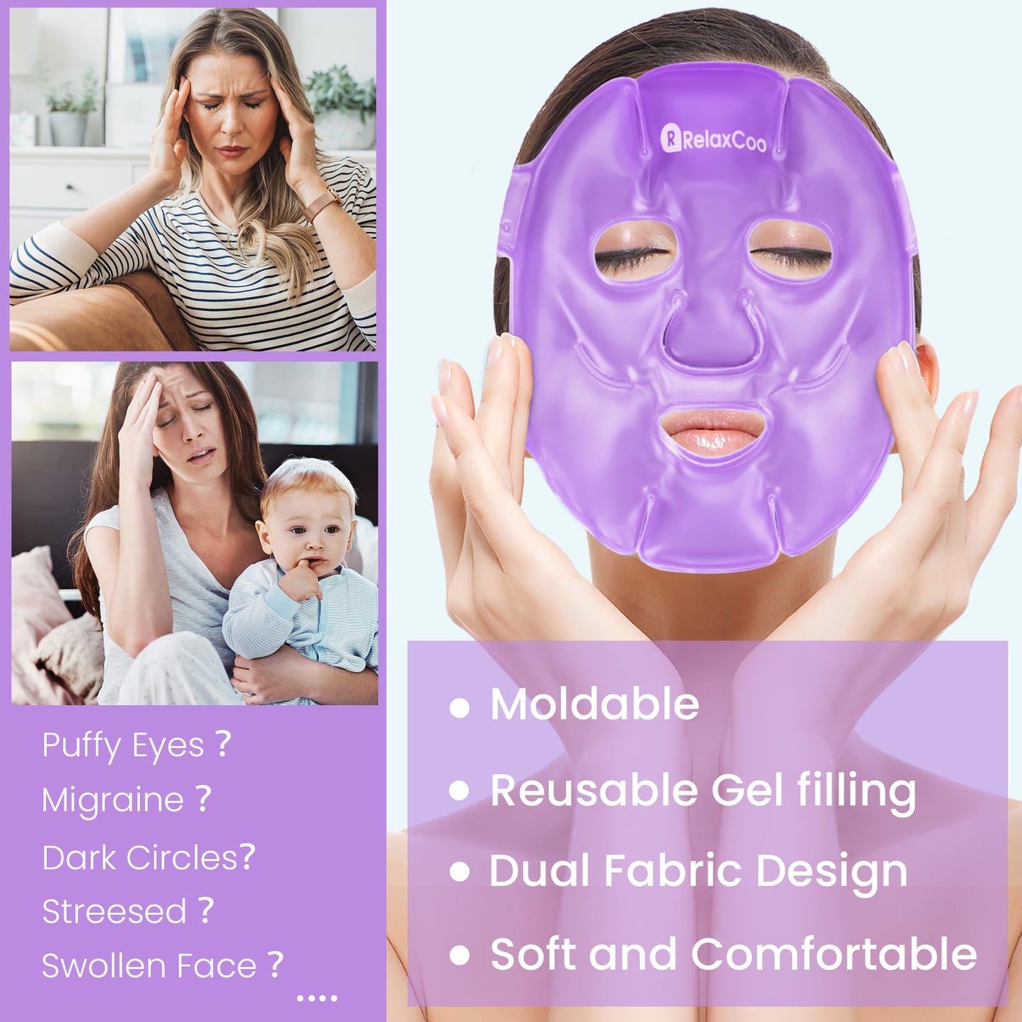 RelaxCoo Cold Face Eye Mask Ice Pack Reduce Face Puff,Dark Circles,Gel Hot Cold Compress,Face SPA for Woman Sleeping, Pressure, Headaches, Skin Care, 2 Pack, Purple