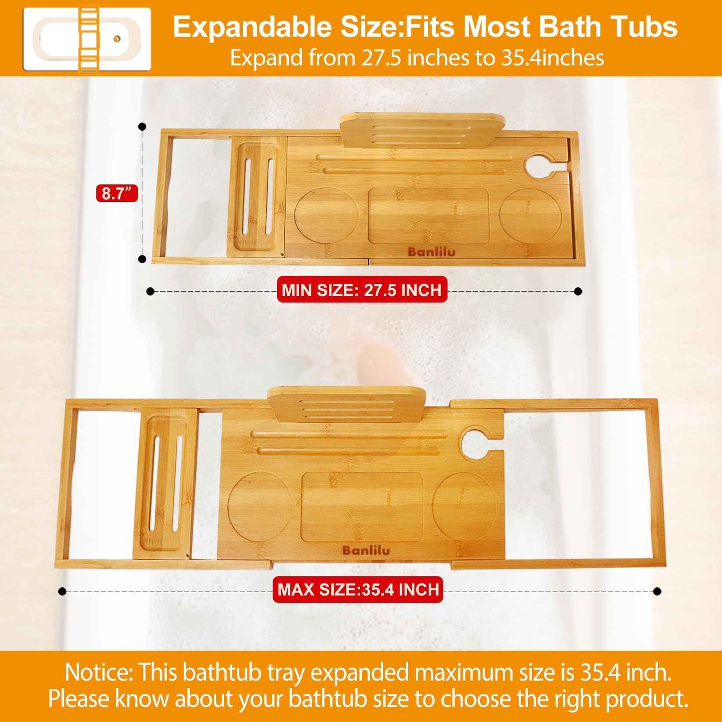 Premium Bamboo Bathtub Tray Caddy - Bath Tub Tray Table for Bathtub - Bath Caddy Tray for Bathtub, Expandable Size, Fits Most Bath Tubs