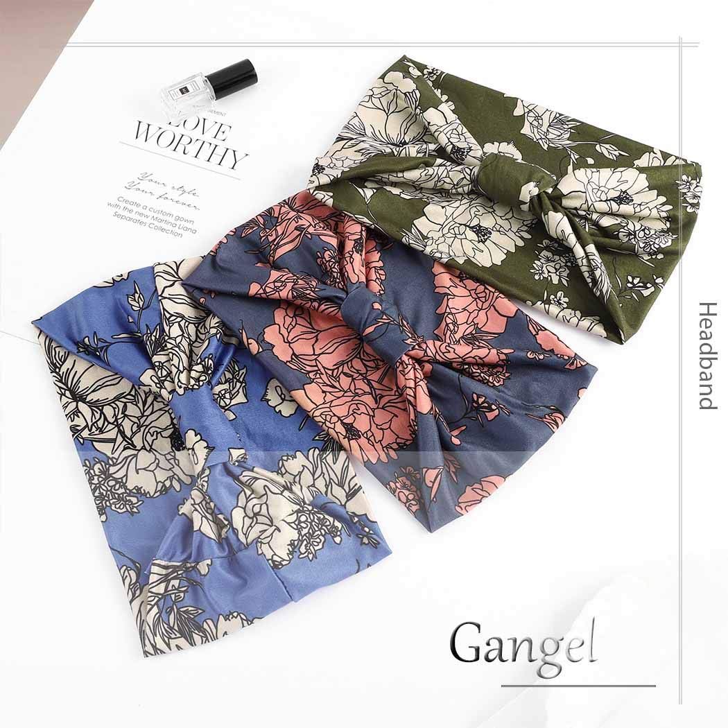 Gangel Boho Criss Cross Headbands Twisted Floral Printed Hairbands Elastic Cotton Stretch Wide Head Wrap Knotted Hair Scarfs Fashion Hair Accessories for Women (Pack of 3) (leaf)