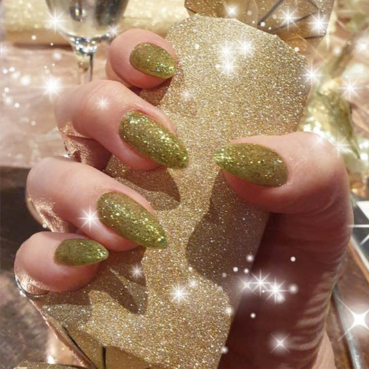 UV Press on Nails Medium Almond Shape, Glossy Green Glitter False Nails with Sparkly Designs, Full Cover Acrylic Nails Gel Nails Fake Nails with Glue Stick on Artificial Fingernails for Women Girls