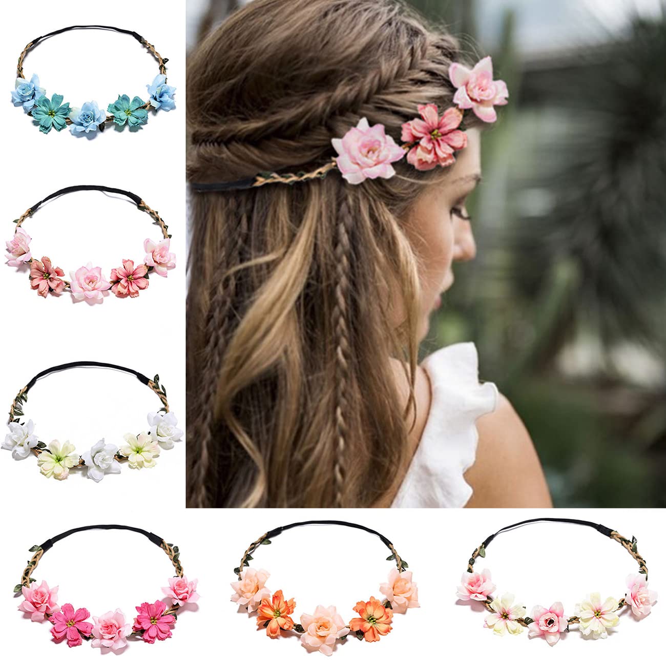 6 PCS Flower Crown for Women Girls Flower Headbands Flower Girl Headpiece Bride Bridesmaid Wedding Headdress Boho Flower Head Bands Hair Wreath Accessories Tiara for Little Girls Baby Toddler