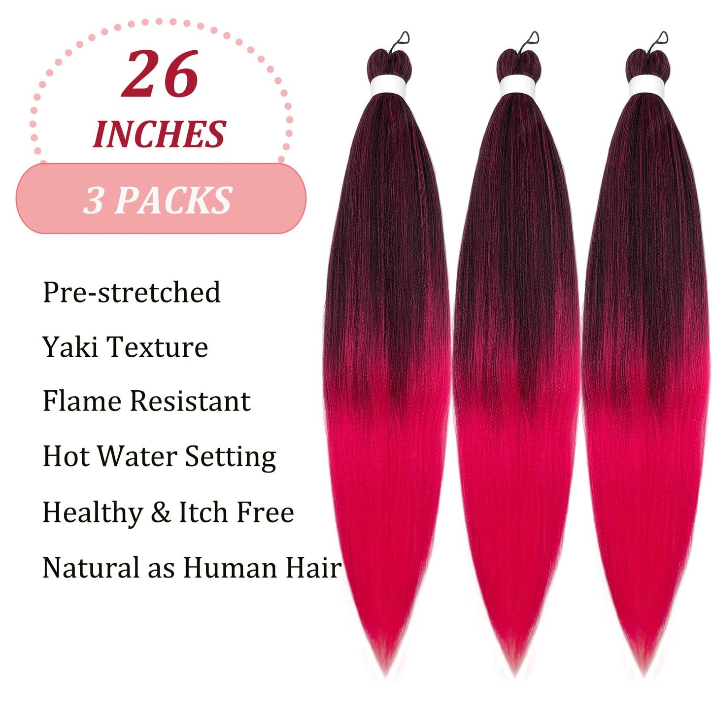 UPruyo Mixed Black Pink Braiding Hair Pre Stretched Prestretched Braiding Hair Ombre Pink Hair Extensions for Braids Synthetic Hair for Braiding Colored Kids Micro Braiding Hair (26 In 3 Packs)