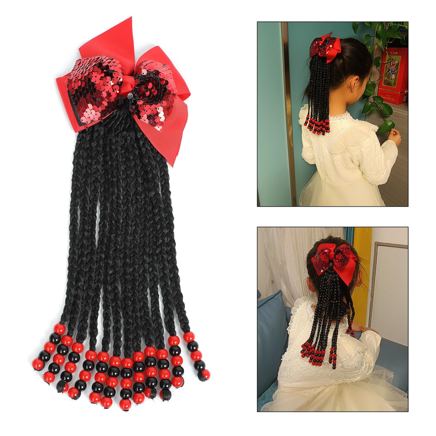 Kids Ponytail Braids - 9 Inch Box Braids Hair Extensions for Kids 12 Stands Crochet Braids for Kids Girls (9 Inch(12 Stands), Red&Black)