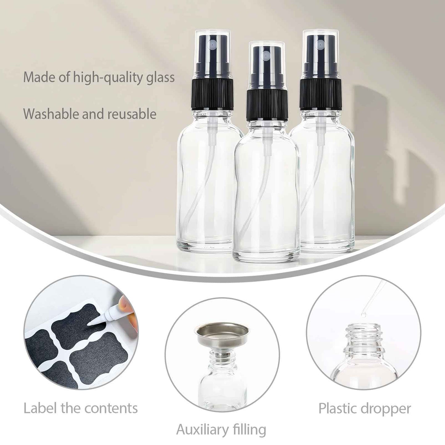 ALIFEIA 1 oz Glass Spray Bottles,Small Empty Fine Mist Refillable Travel Spray Bottle for Cleaning,Perfume,Aromatherapy,Cosmetic Sprays,Hair,Essential Oils with Fine Mist Dispenser（3 Pack）