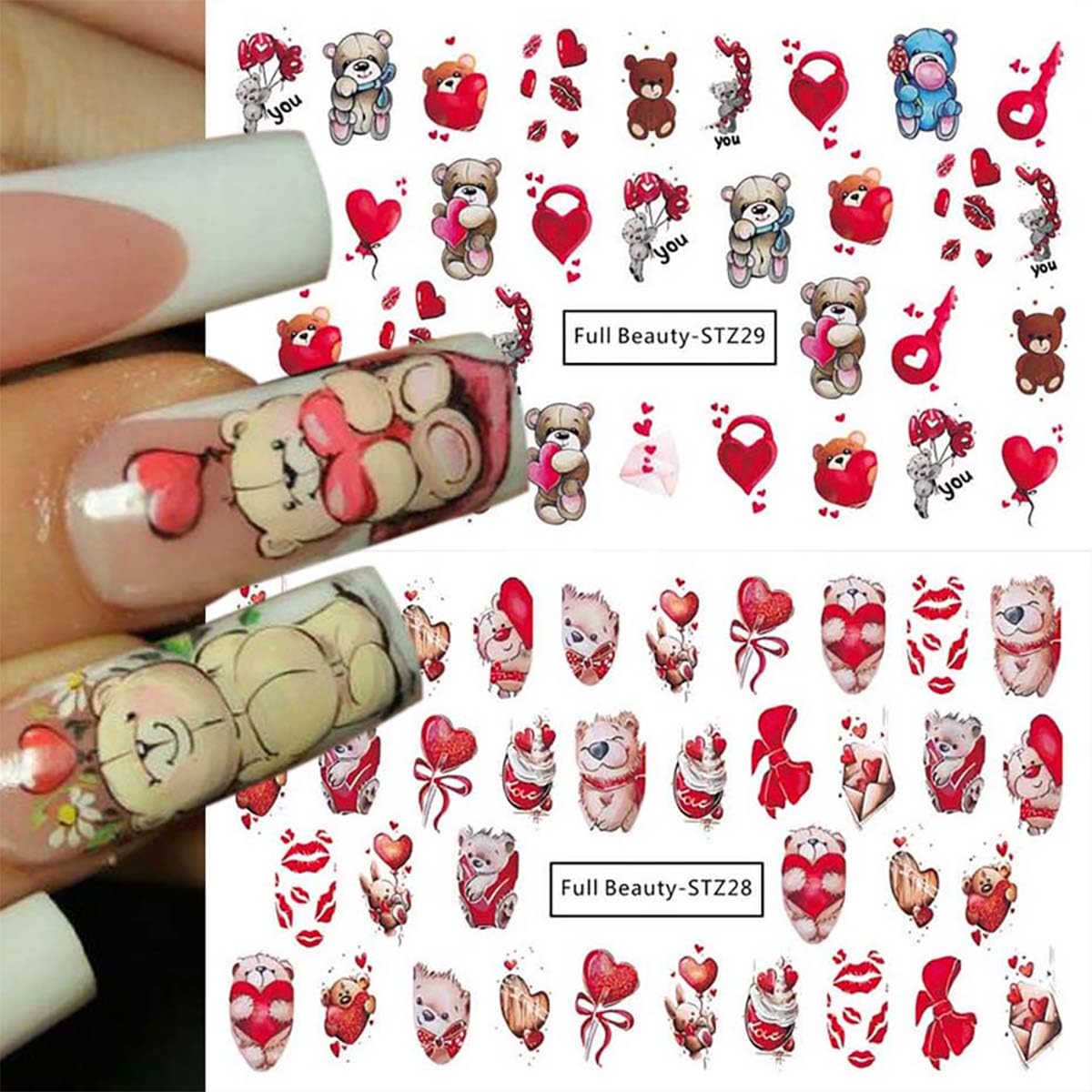 Valentine's Day Nail Stickers DIY Water Transfer Nail Stickers Heart Love Cute Bear Sexy Lips Love Letter Nail Art Design Supplies False Nail for Women Girls Decoration 12 Sheets