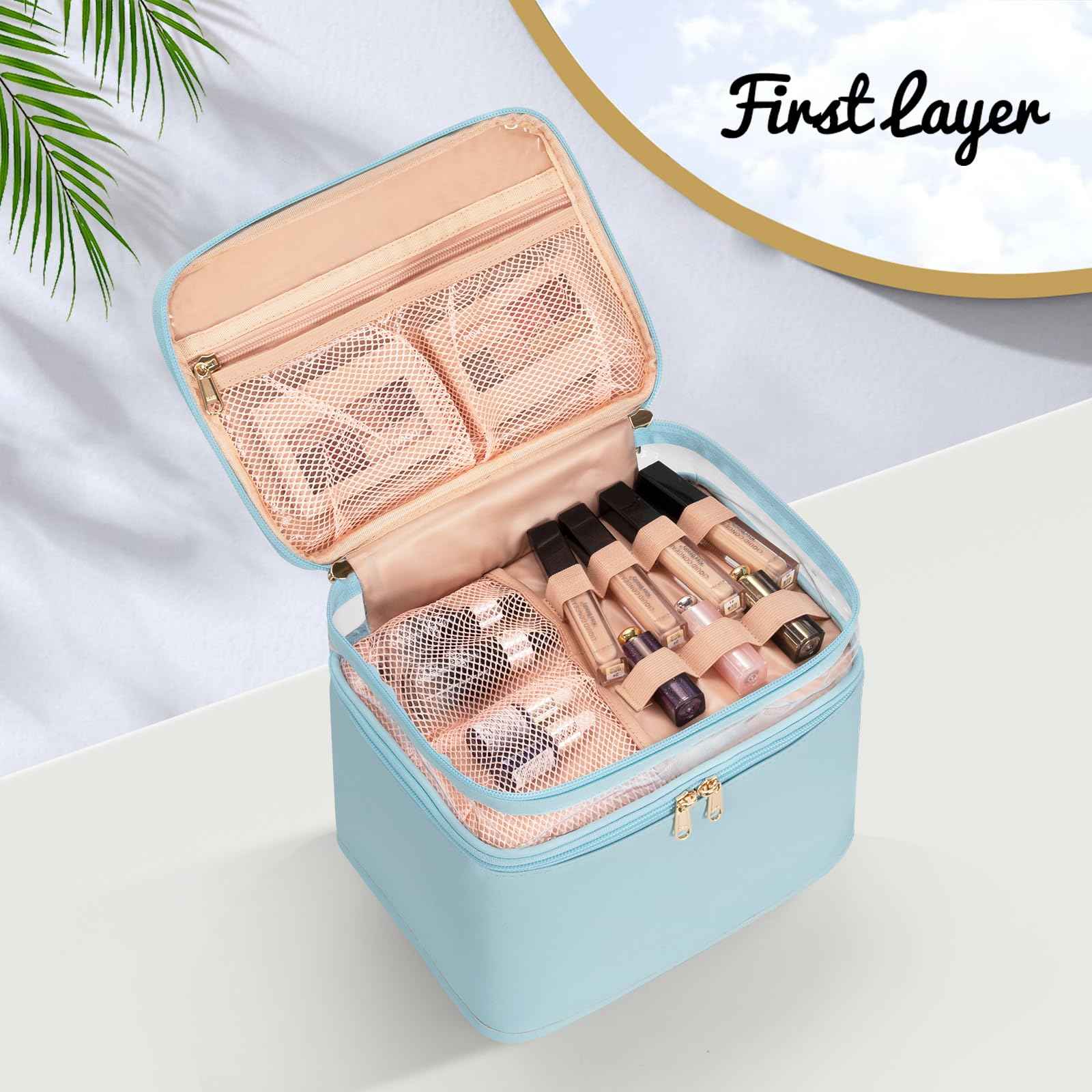 OCHEAL Large Makeup Bag, Double Layer Makeup Bag, Vertical Storage Cosmetic Case for Women/Girls with Multiple Compartments-Blue-xl