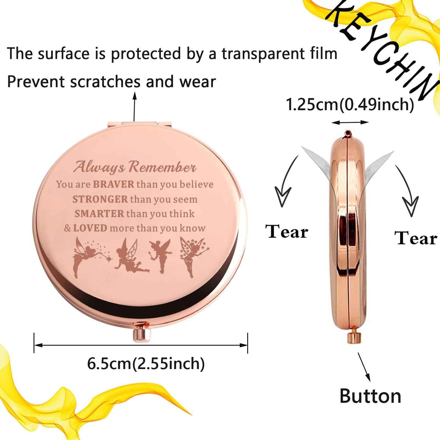 KEYCHIN Fairy Tale Pocket Mirror Fairy Pixie Cartoon Fans Gifts You are Braver Stronger Smarter Than You Think Compact Makeup Mirror for Women Girls Teenagers (Fairy Tale Mirror-RG)