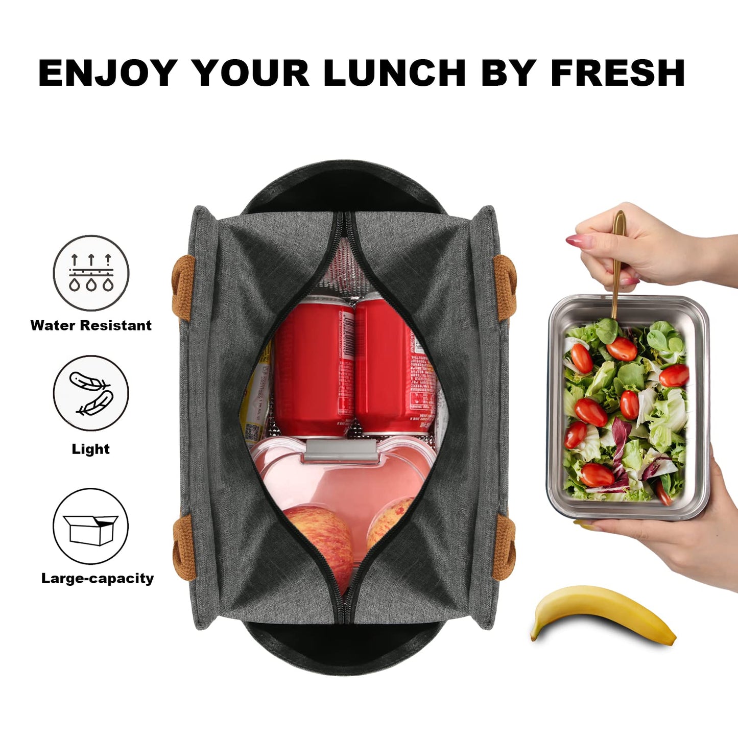 Joymee Lunch Bag Women Insulated Lunch Box Reusable Leakproof Large Spacious Cooler Tote for Womens Mens Adults with Bottle Holder and Side Pockets for Work Office Travel Picnic -Charcoal Gray