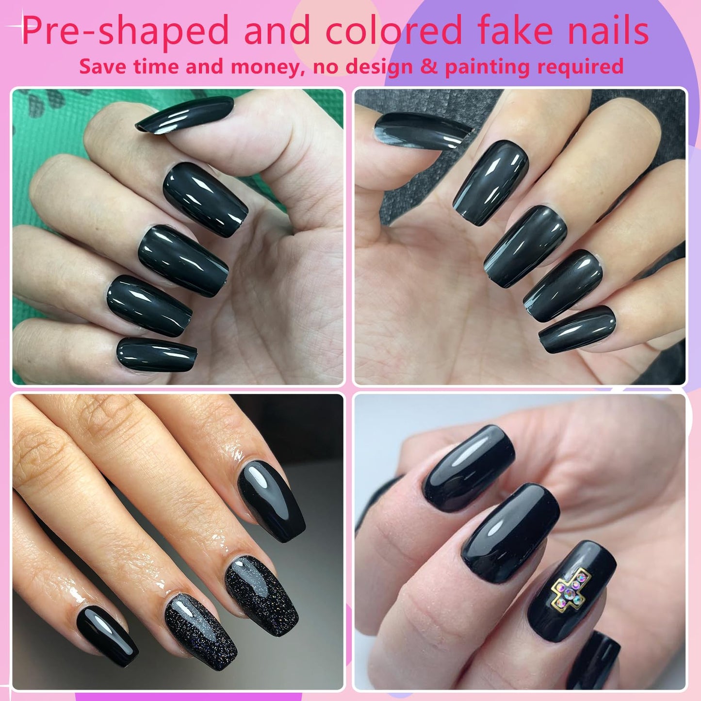 AddFavor 300pcs Coffin Press on Nails Medium Fake Nails Glossy Black Nails Ballerina Square Nail Press on Acrylic False Nail for Women Girls