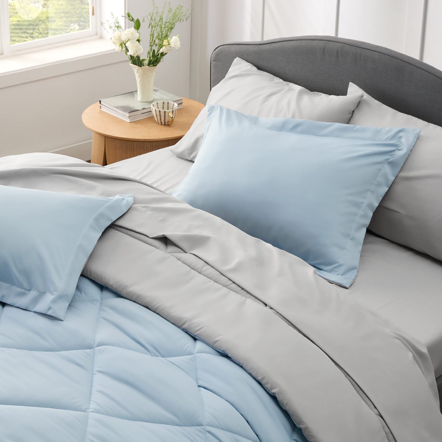 Bedsure Sky Blue Twin Size Comforter Set - 5 Pieces Reversible Twin Bed in a Bag, Extra Long Twin Bed Set with Comforters, Sheets, Pillowcase & Sham, Twin Bedding Sets for College