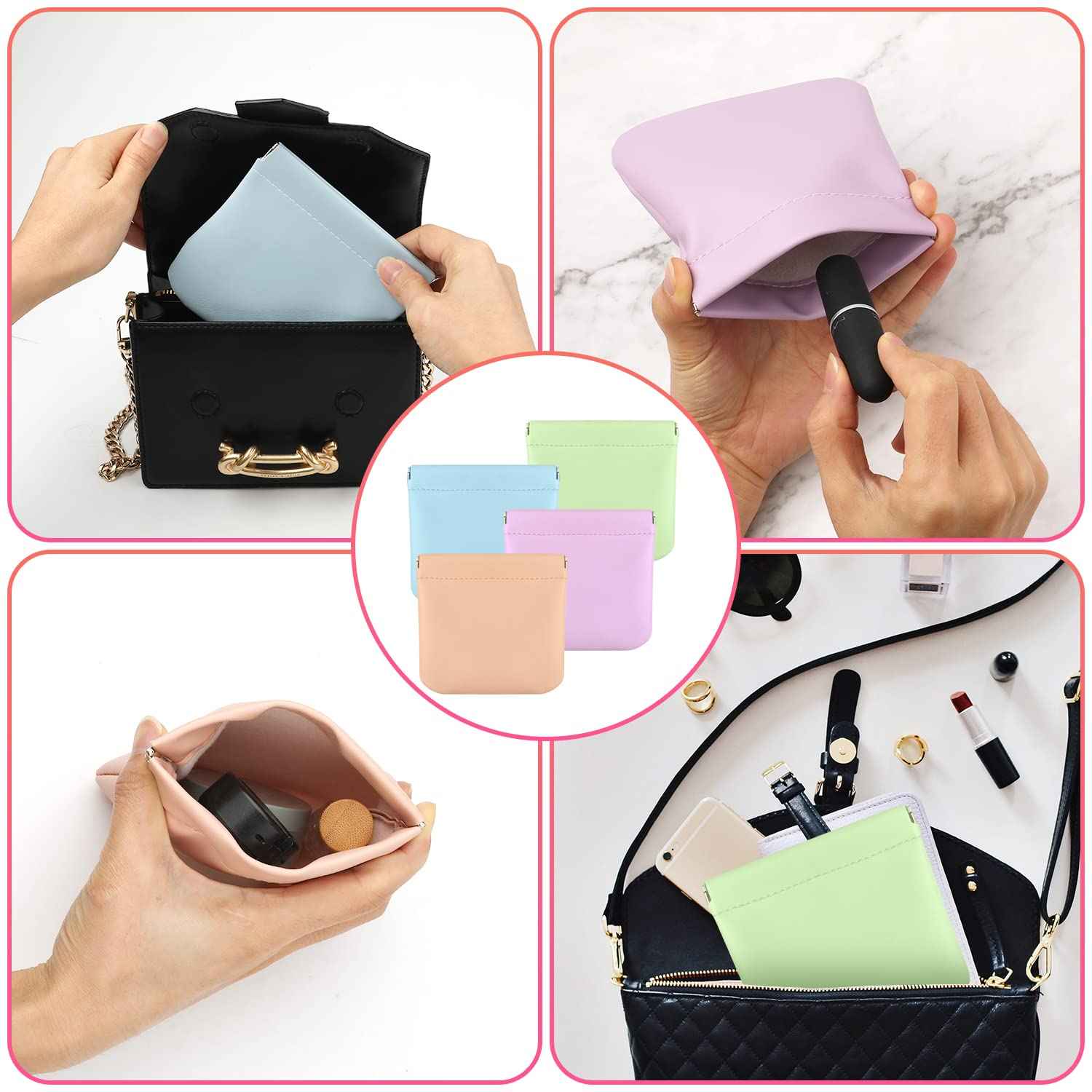 SAVITA 4pcs Pocket Cosmetic Bag Squeeze Top, Waterproof Portable Mini Travel Makeup Bag No Zipper Pocket Makeup Bags for Cosmetics Earphones Jewelry Storage (Light Colors)