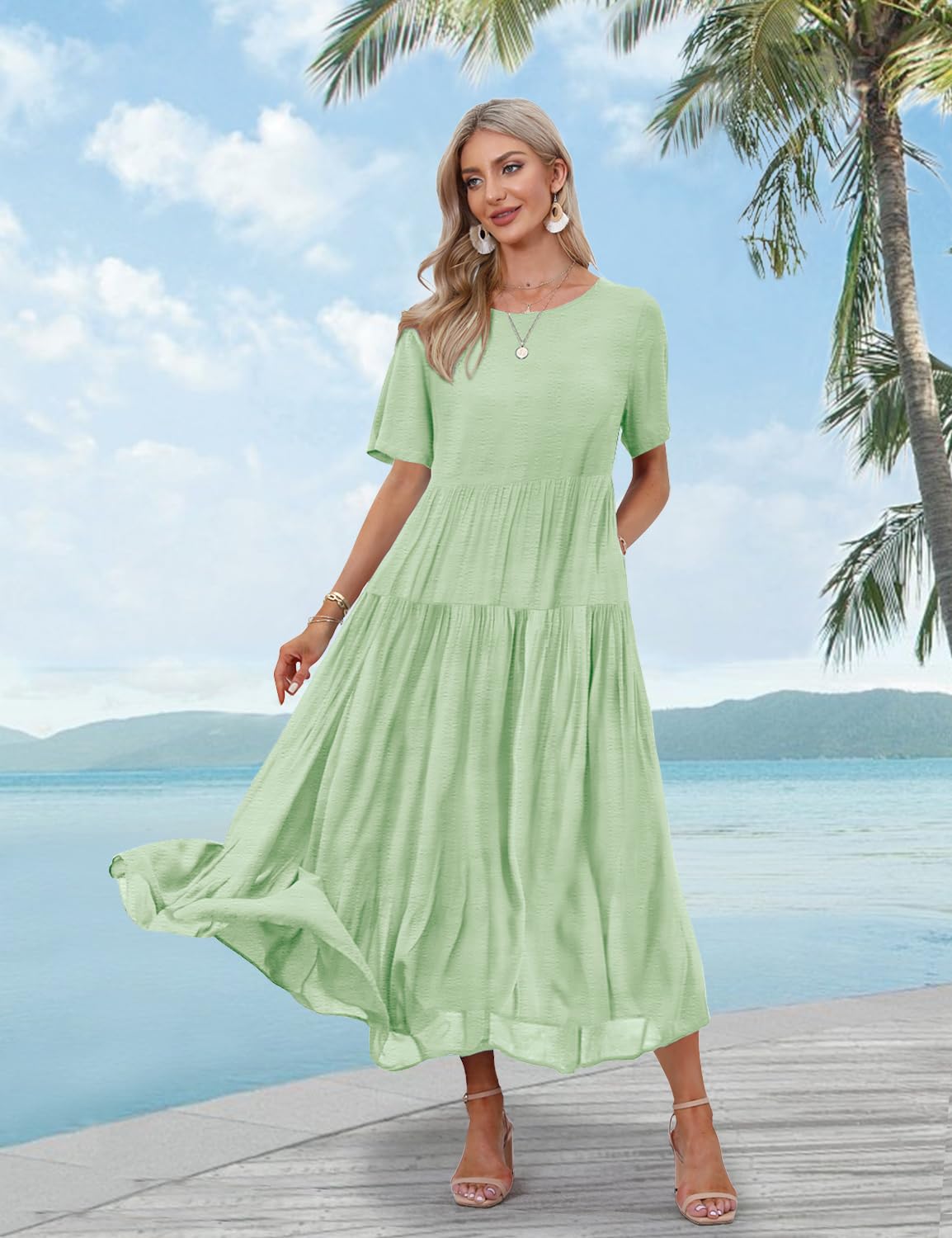 YESNO Women Casual Loose Bohemian Dress with Pockets Short Sleeve Long Maxi Summer Beach Swing Dress (M EJF Solid C Mint Green)