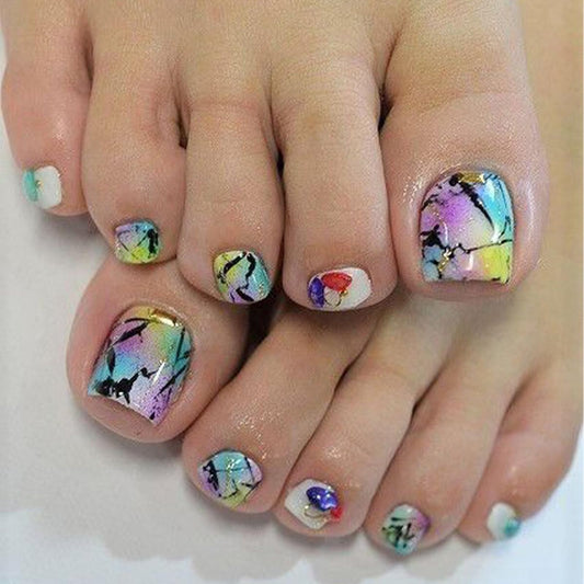 24Pcs Toenails Press on Nails with Designs, Colorful Ink Painting False Toenails Full Cover Short Square Glue on Toenails Special Color Acrylic Toenails for Women and Girls Summer Nail Decorations