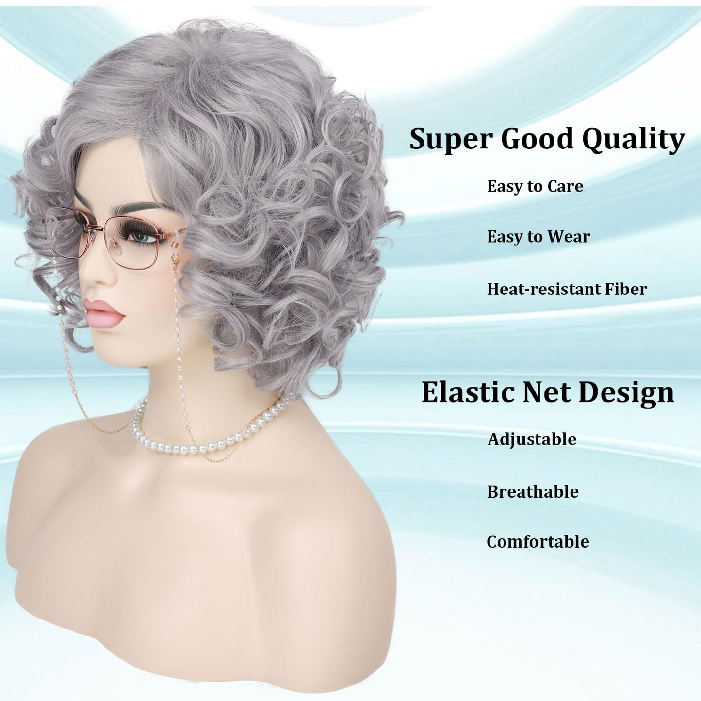 G&T Wig Old Lady Wig for Grandma Costume 100 Days of School Sliver Grey Curly Granny Wig For Old Women’s Cosplay Party Halloween Use (5pcs Set)