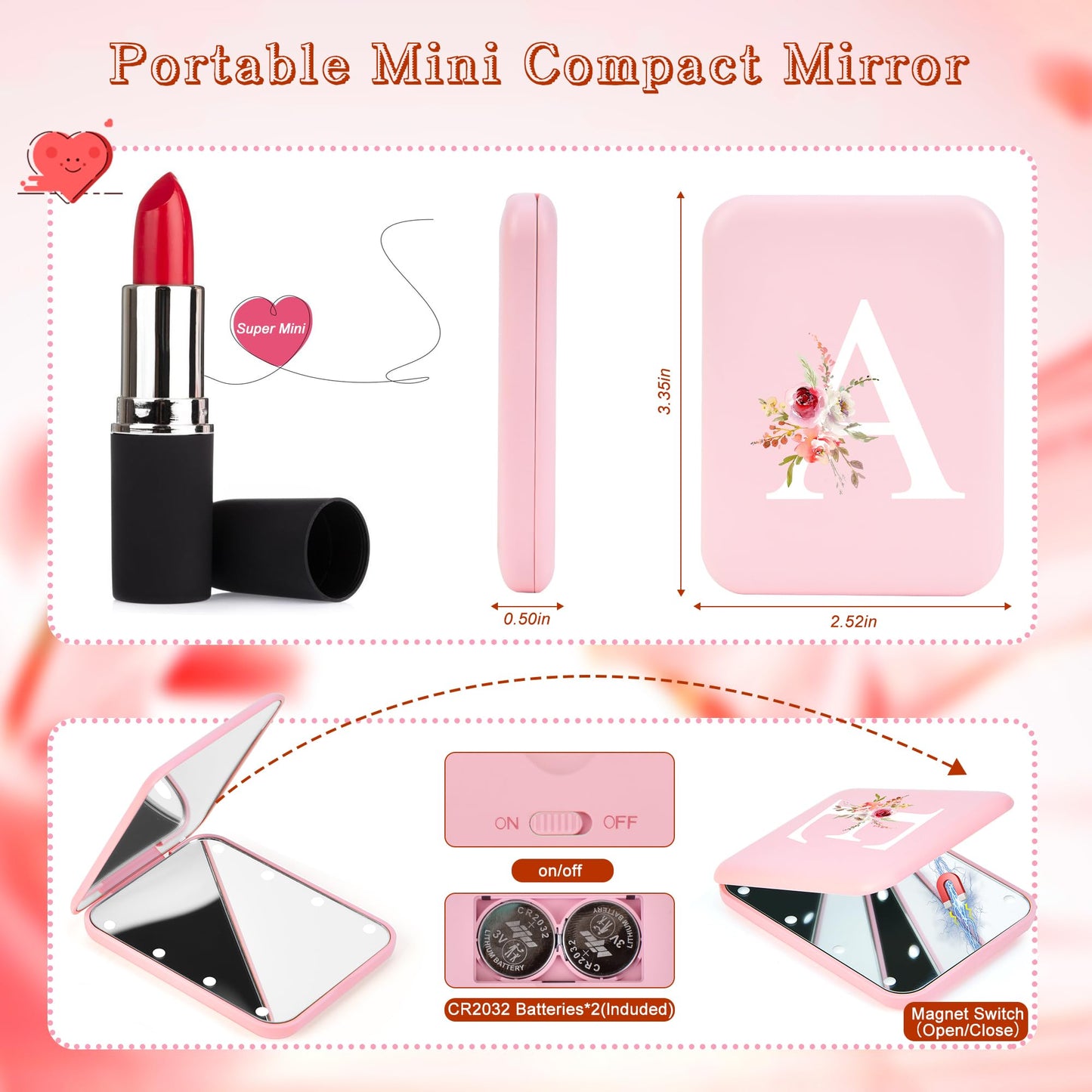Personalized Gifts for Women Initial compact mirror with Light,Preppy Stuff LED mirror 1X/3X magnifying mirror,Travel mirror,Mini Makeup mirror,Folding Pocket Mirror for Girls Women Bridesmaid Gifts
