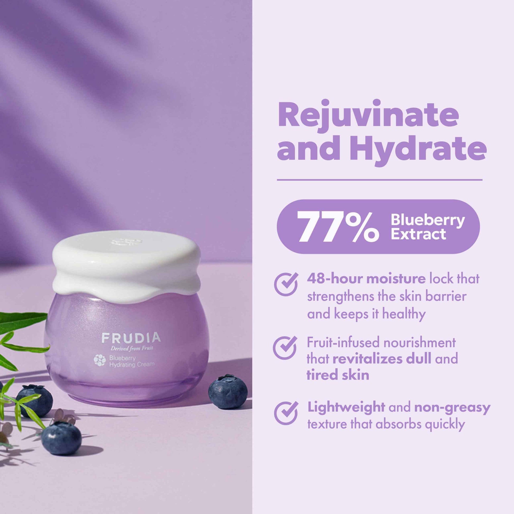 FRUDIA Blueberry Hydrating Face Cream, Vegan Korean Face Moisturizer with 77% Blueberry Extract, Panthenol & Fruit Seed Oils for Dry Skin (1.94 fl oz)