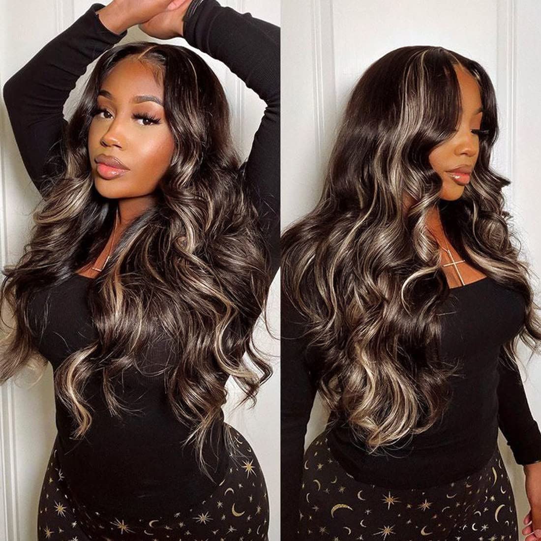 UNICE Bye Bye Knots Glueless Wig Body Wave 7x5 Pre Cut Lace Front Wigs Human Hair Bleached Knots Balayage Black Blonde Highlights Put on and Go Human Hair Wig Pre Plucked 150% Density 20 inch