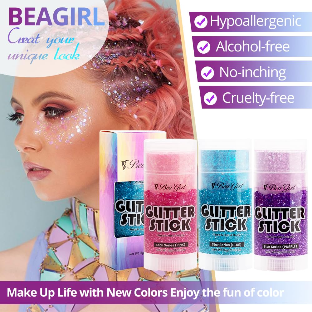 Beagirl Body Glitter Stick Set, Rainbow Face Glitter, Festival Glitter, Cosmetic Glitter - Chunky Glitter for Face, Lips, Eyes, Hair, Party – 3pc Pink Star Glitter, Blue Glitter, Sequin Purple Glitter