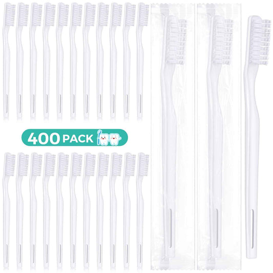 Yetene 400 Pack Individually Wrapped Disposable Toothbrush Bulk Hard Bristle Adult Manual Tooth Brush Travel Toothbrushes Single Use Toothbrush for Homeless Women Men Hotels Guest Rooms, White