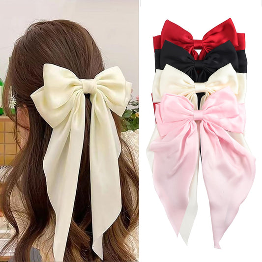 4Pcs Hair Bows, Silky Satin Hair Barrettes For Women, Oversized Long-Tail Hair, Large Bow Metal Spring Clip Temperament Beautiful Hair Accessories For Women Girl（Wine Red, Black, Cream White, Pink）