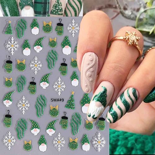 Christmas Nail Stickers, Winter Nail Decals 3D Self-Adhesive Red Green Snowflake Bell Xmas Tree Reindeer Winter Nail Design Holiday Nail Art Decoration for Women Girls(6Sheets)