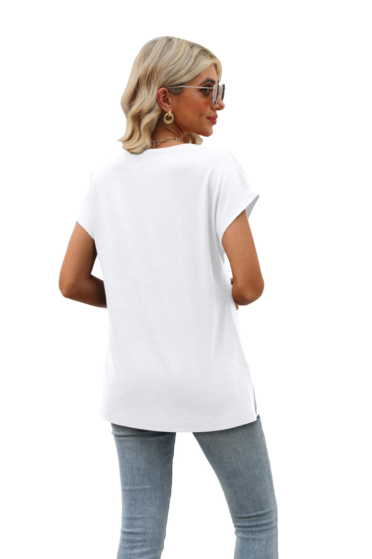 Womens Short Sleeve 2024 Summer Tops Trendy Tank Tops V Neck Loose Fit Shirts White S