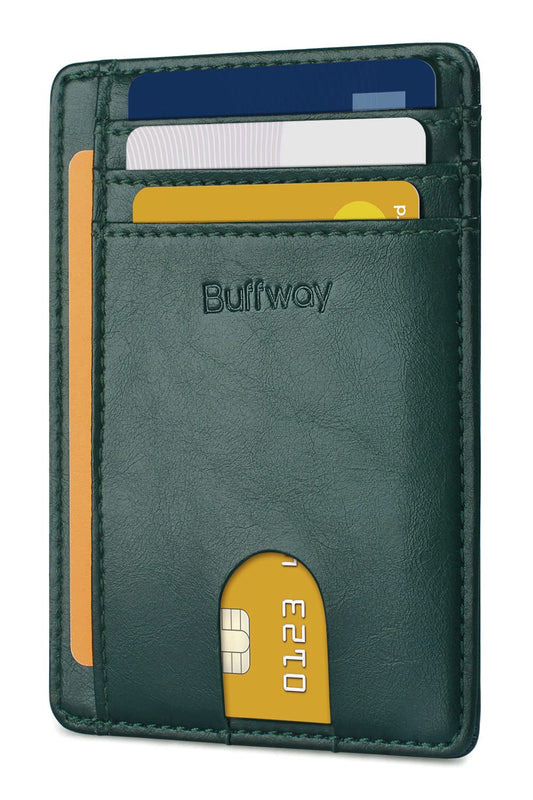 Buffway Slim Minimalist Front Pocket RFID Blocking Leather Wallets for Men and Women - Alaska Green