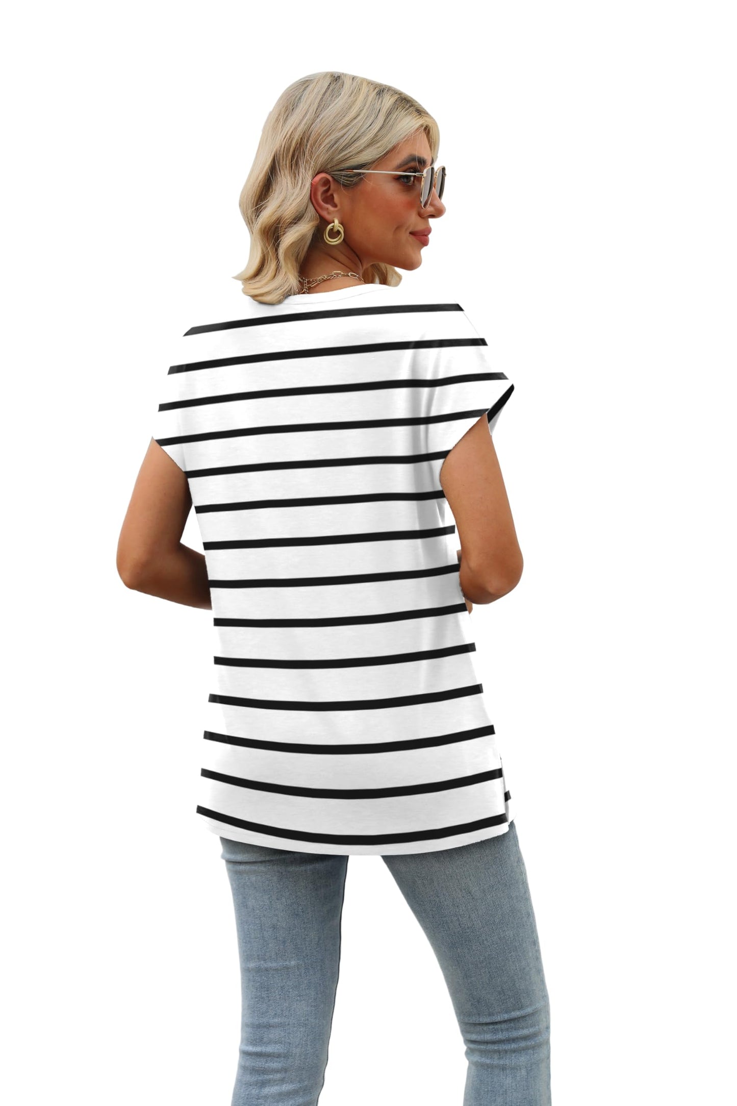 Black and White Striped Shirt Women Short Sleeve 2024 Summer Tops Trendy V Neck Loose Fit Shirts S