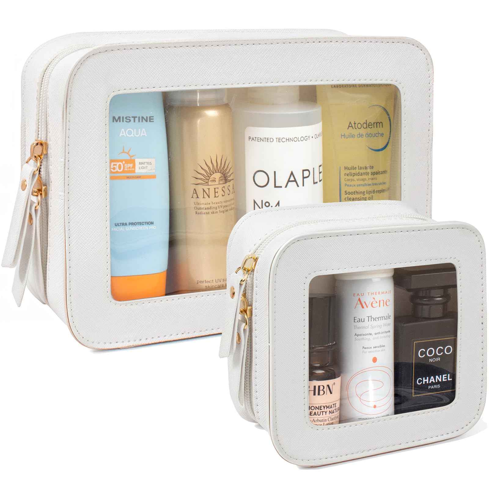 LETGO Clear Makeup Bag Set for Women Portable Travel Toiletry Bag Cosmetic Bags TSA Approved Travel Cosmetic Bag for Car Accessories for Women(White, Standard + Mini)
